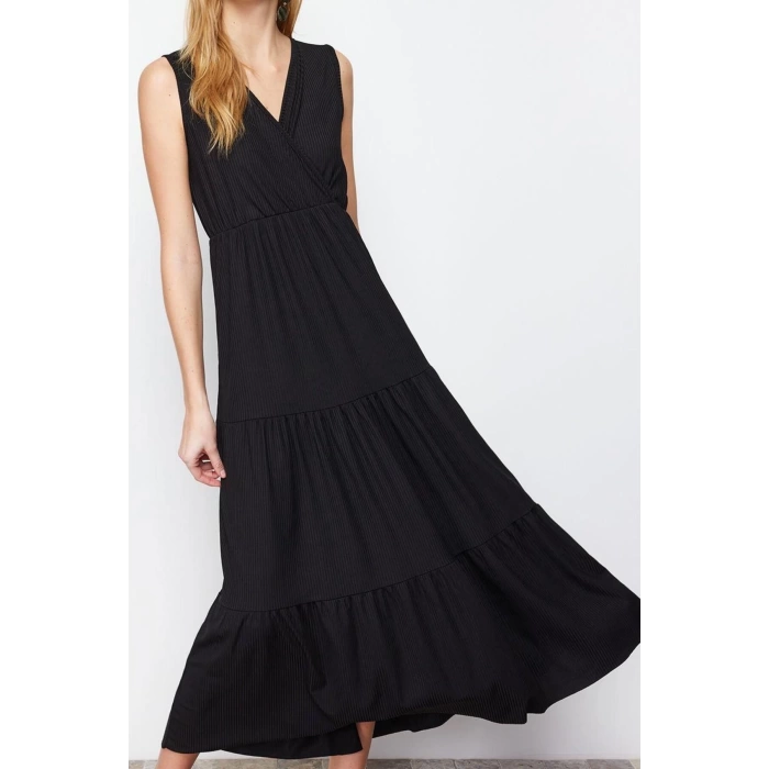 Moda Stil Kloş Kruvaze Maxi Boy Siyah V Yaka Kolsuz A-Line Örme Elbise