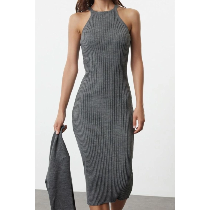 Moda Stil Regular Bisiklet Yaka Midi Boy Triko Basic Hırkalı Elbise