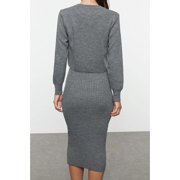 Moda Stil Regular Bisiklet Yaka Midi Boy Triko Basic Hırkalı Elbise