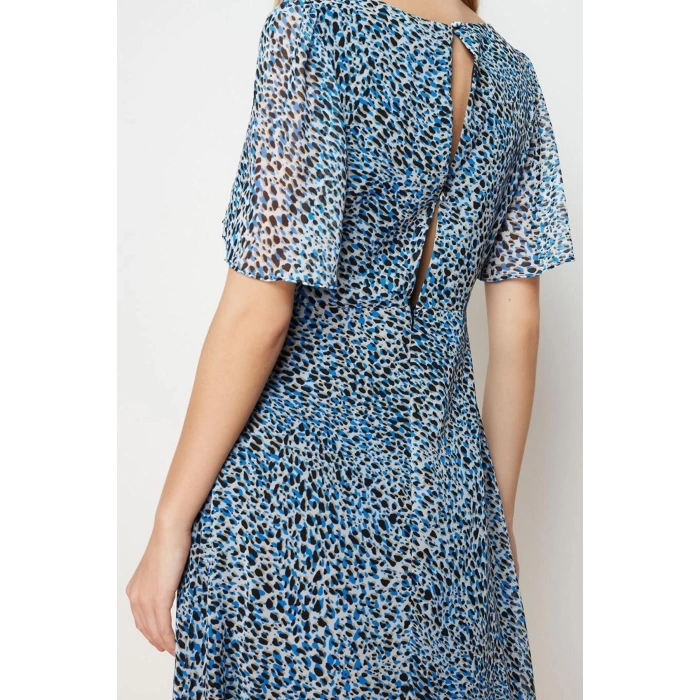 Moda Stil Regular Bisiklet Yaka Midi Boy Desenli A Kesim Melek Kol Astarlı Şifon Dokuma Elbise
