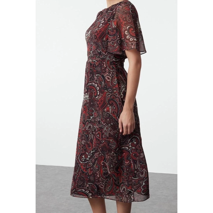 Moda Stil Regular Bisiklet Yaka Midi Boy Desenli A Kesim Melek Kol Astarlı Şifon Dokuma Elbise
