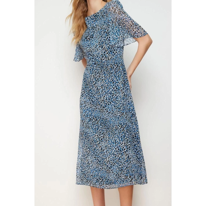 Moda Stil Regular Bisiklet Yaka Midi Boy Desenli A Kesim Melek Kol Astarlı Şifon Dokuma Elbise