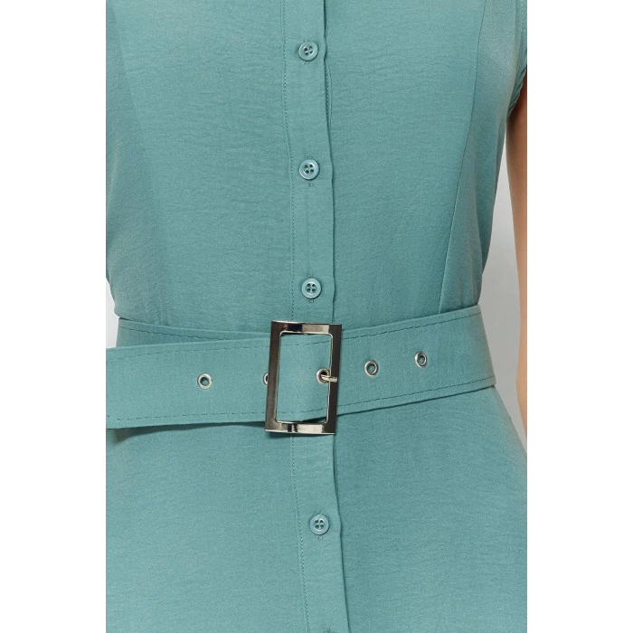 Moda Stil Regular Halter Yaka Maxi Boy Kemerli Dokuma Gömlek Elbise