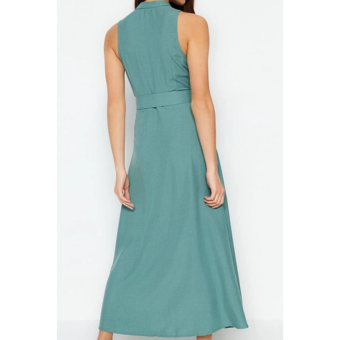 Moda Stil Regular Halter Yaka Maxi Boy Kemerli Dokuma Gömlek Elbise
