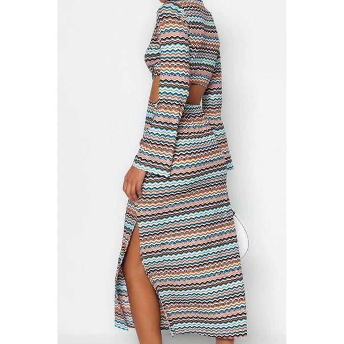 Fashion Style Regular V Neck Maxi Length Cut Out Detailed Printed Flexible Knitted Dress
