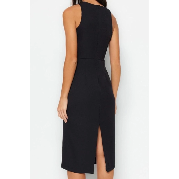Moda Regular Halter Neck Midi Length Body-Smoothing Collar Accessory Detailed Pencil Skirt Woven Dress