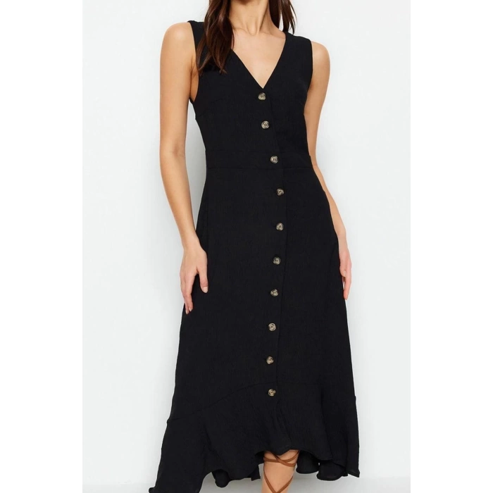 Fashion Style Regular Square Collar Midi Length V Neck Button Detailed Woven Shirt Dress