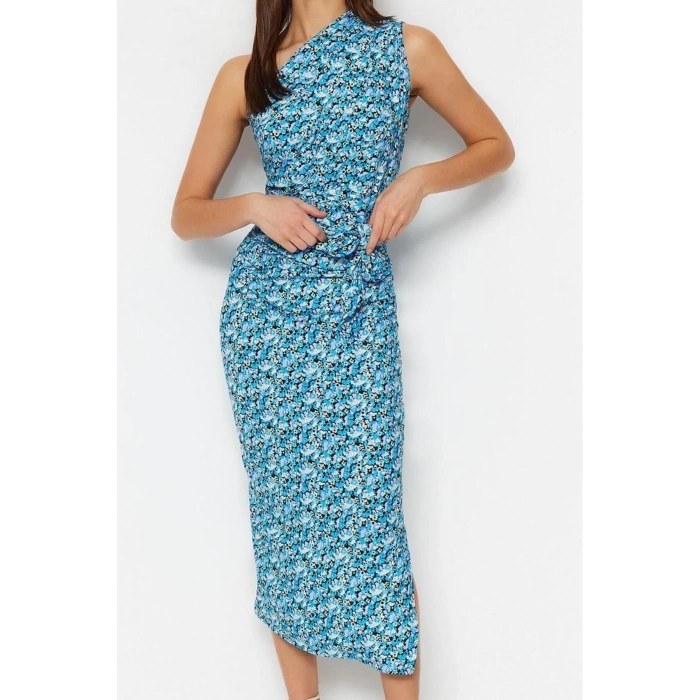 Moda Slim Asymmetrical Collar Midi Length Body-Fitting One Shoulder Asymmetrical Gathered Detailed Knitted Pencil Dress