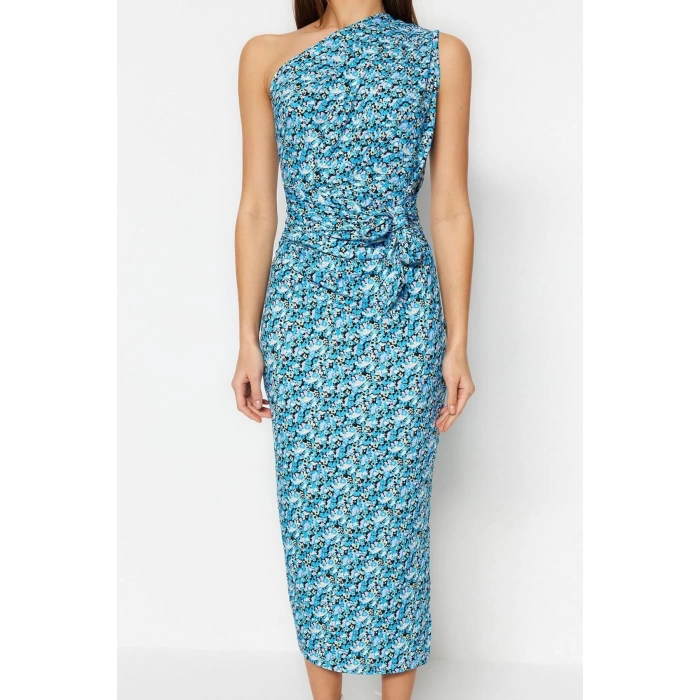 Moda Slim Asymmetrical Collar Midi Length Body-Fitting One Shoulder Asymmetrical Gathered Detailed Knitted Pencil Dress