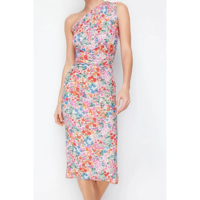 Moda Slim Asymmetrical Collar Midi Length Body-Fitting One Shoulder Asymmetrical Gathered Detailed Knitted Pencil Dress