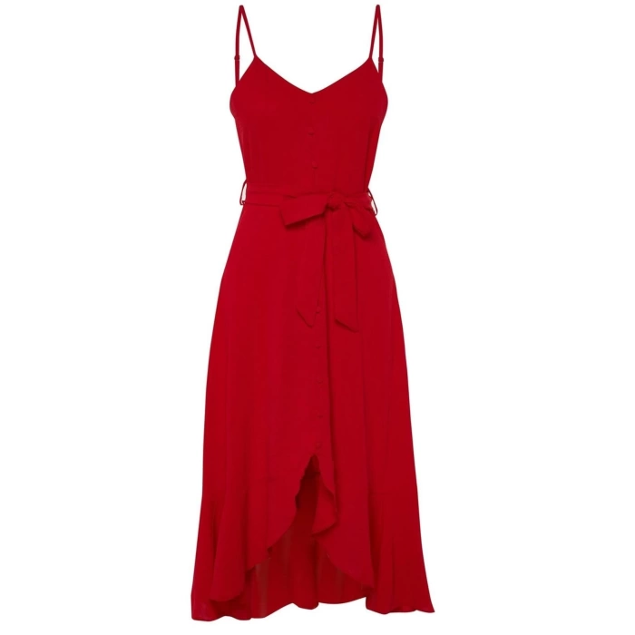 Fashion Style Regular V Neck Midi Length Belted A-Line Flounce Button Detailed Woven Dress