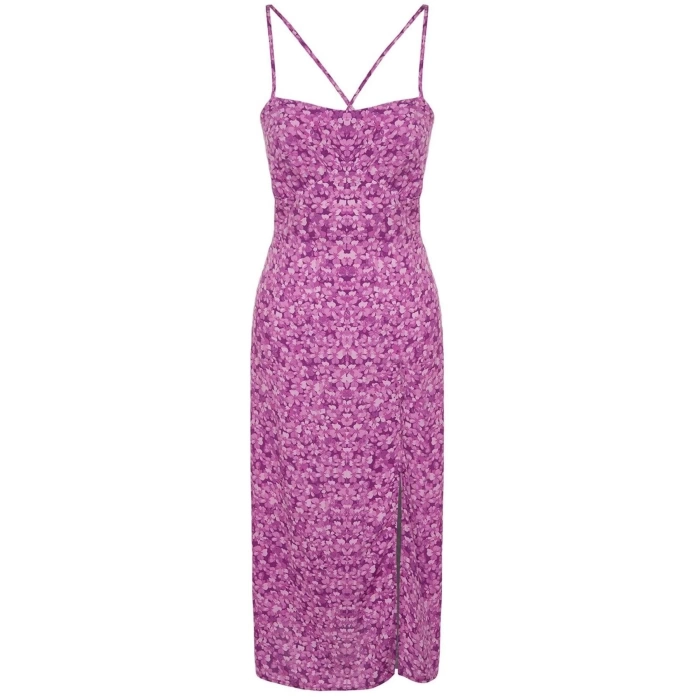 Fashion Style Regular Square Neck Midi Length Floral Patterned Straight Cut Back Detailed Woven Dress