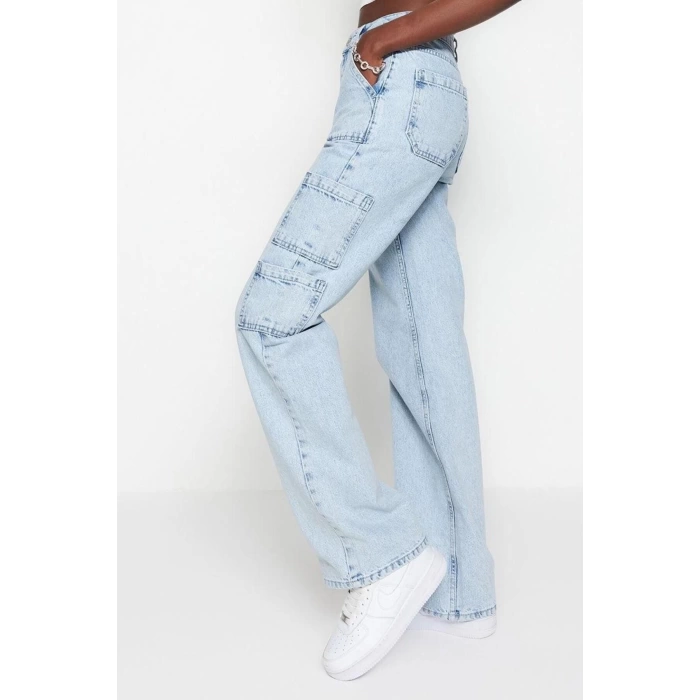 Stil Kadın Moda Denim Kot Pantolon Uzun Geniş Paça Kargo Cepli Yüksek Bel Jeans