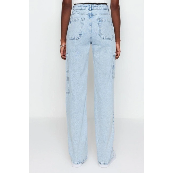 Stil Kadın Moda Denim Kot Pantolon Uzun Geniş Paça Kargo Cepli Yüksek Bel Jeans