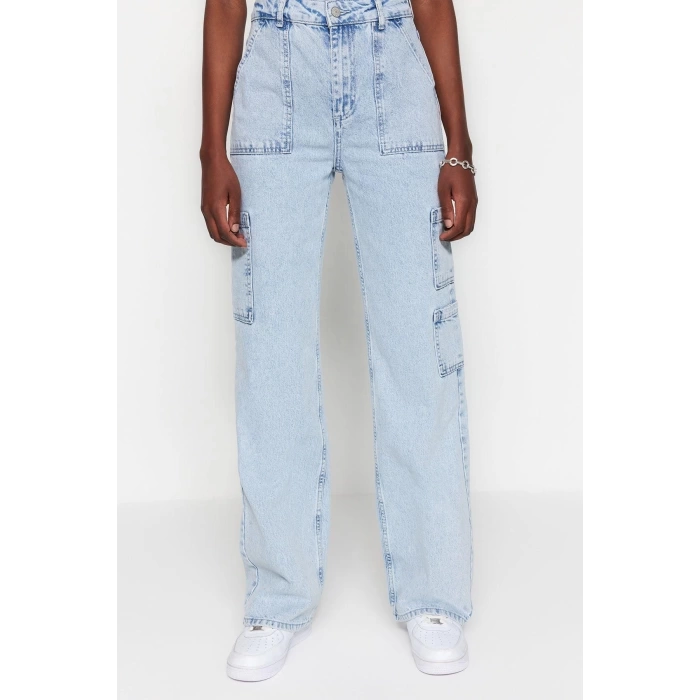 Stil Kadın Moda Denim Kot Pantolon Uzun Geniş Paça Kargo Cepli Yüksek Bel Jeans