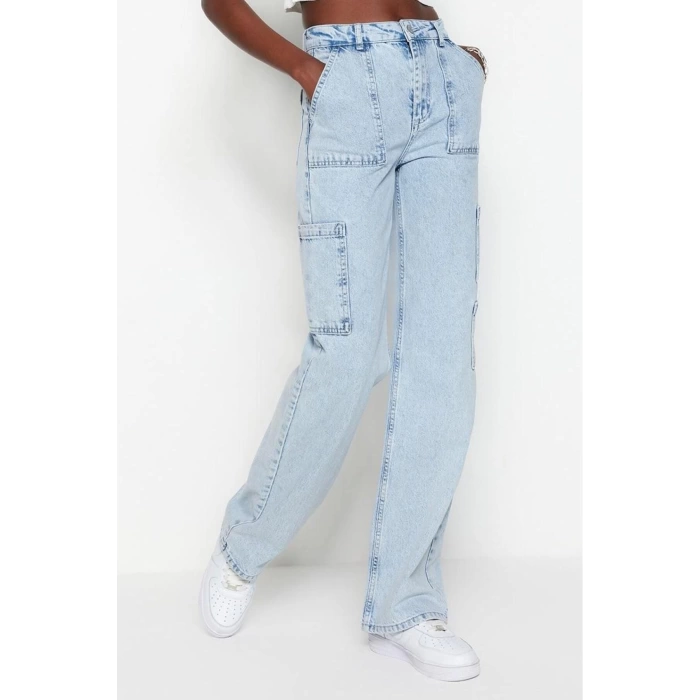 Stil Kadın Moda Denim Kot Pantolon Uzun Geniş Paça Kargo Cepli Yüksek Bel Jeans