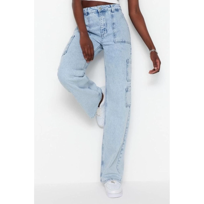 Stil Kadın Moda Denim Kot Pantolon Uzun Geniş Paça Kargo Cepli Yüksek Bel Jeans