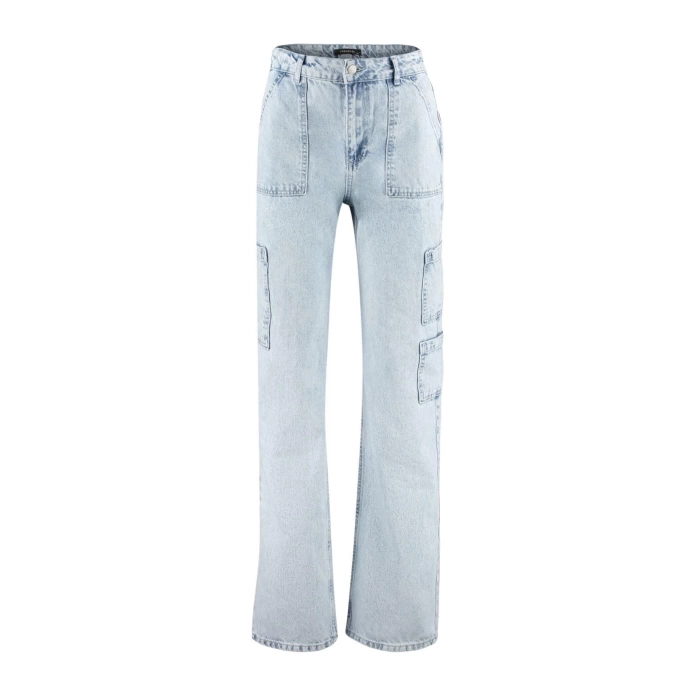 Stil Kadın Moda Denim Kot Pantolon Uzun Geniş Paça Kargo Cepli Yüksek Bel Jeans