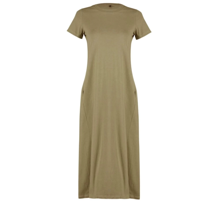 Moda Stil Relaxed Bisiklet Yaka Midi Boy Cepli Premium A-Line Örme Elbise