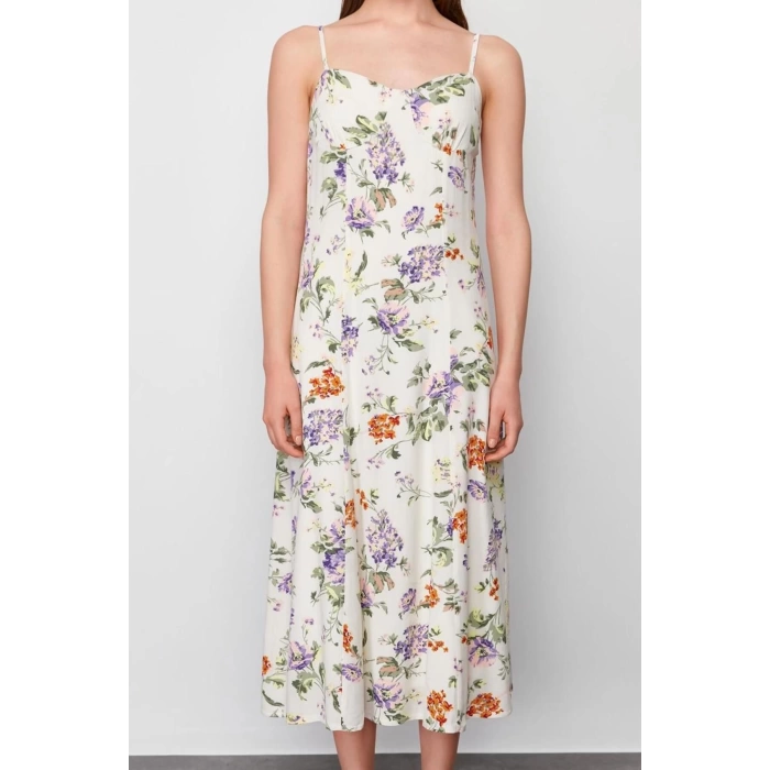 Moda Stil Regular V Yaka Midi Boy Çiçek Desenli Belden Açılan Dokuma Elbise