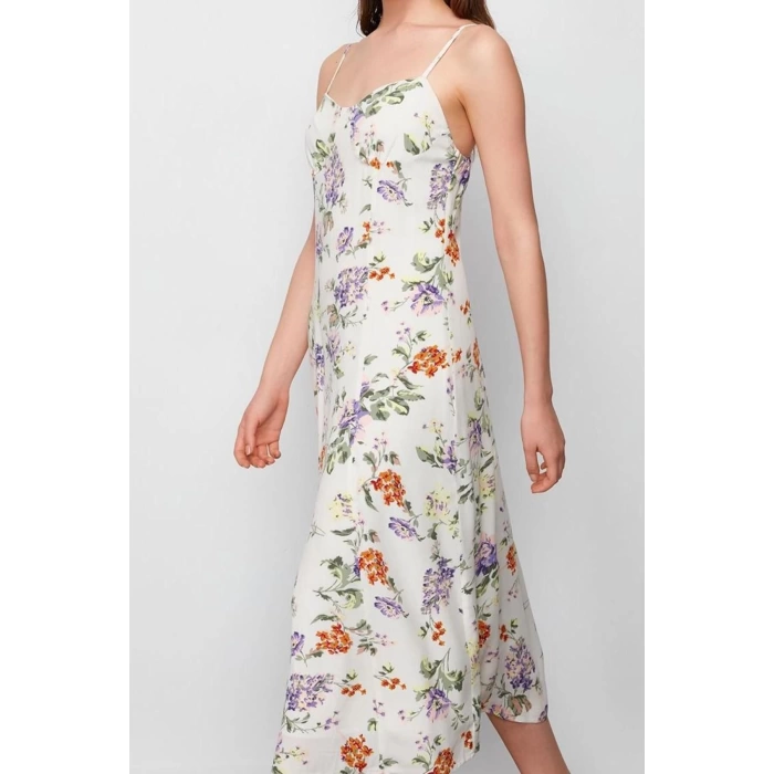 Moda Stil Regular V Yaka Midi Boy Çiçek Desenli Belden Açılan Dokuma Elbise