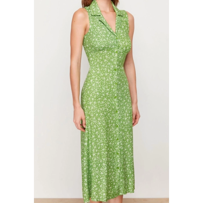 Moda Stil Regular Gömlek Yaka Midi Boy Çiçekli Viskon Dokuma Elbise