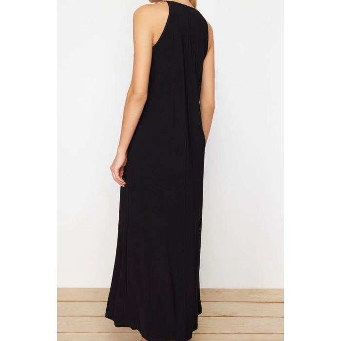 Moda Stil Slim Halter Yaka Maxi Boy Soyut A-line Çan Açılan Esnek Örme Kalem Elbise