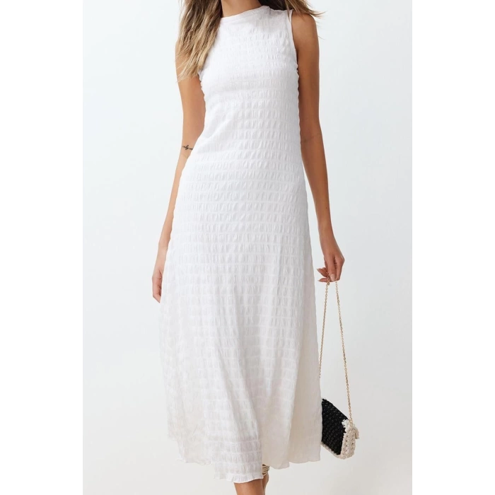 Moda Stil Regular Bisiklet Yaka Maxi Boy Düz Dokulu A Kesim Çan Form Dokulu Elbise