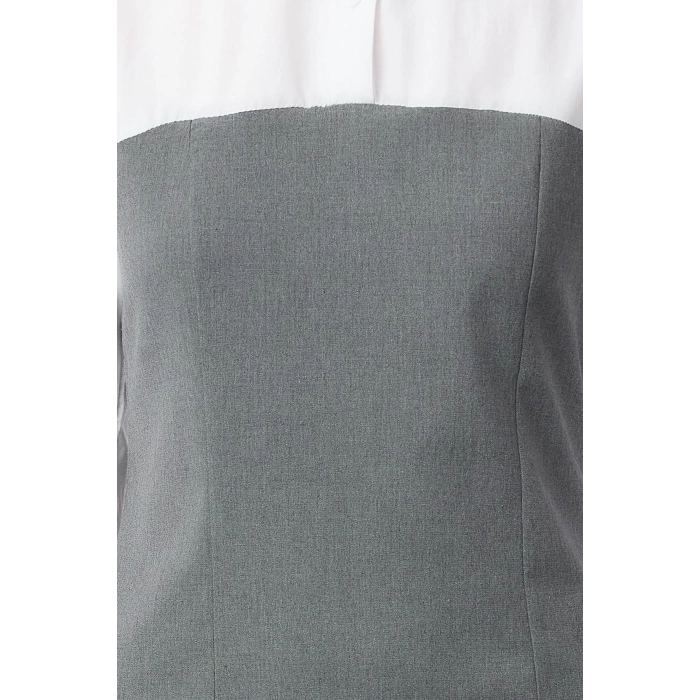 Moda Stil Slim Gömlek Yaka Mini Boy Düz Bodycone Straplez Detaylı Dokuma Gömlek Elbise