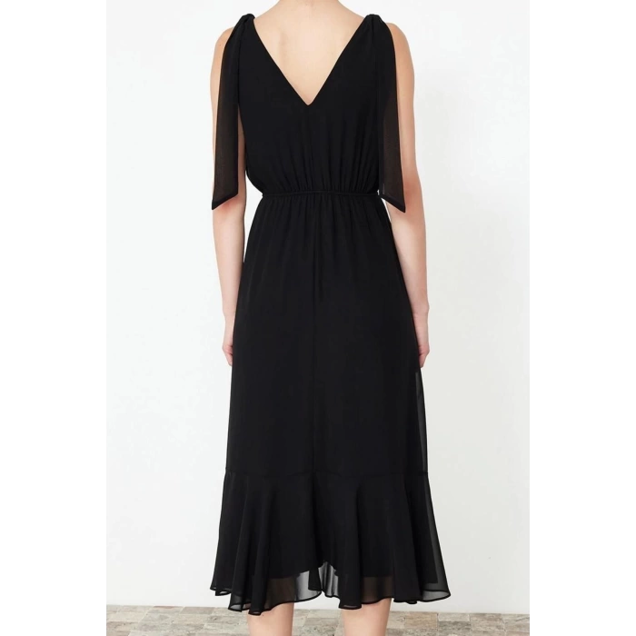 Moda Stil Regular V Yaka Maxi Boy A Kesim Beli Lastikli Şifon Astarlı Dokuma Elbise