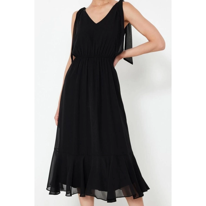 Moda Stil Regular V Yaka Maxi Boy A Kesim Beli Lastikli Şifon Astarlı Dokuma Elbise