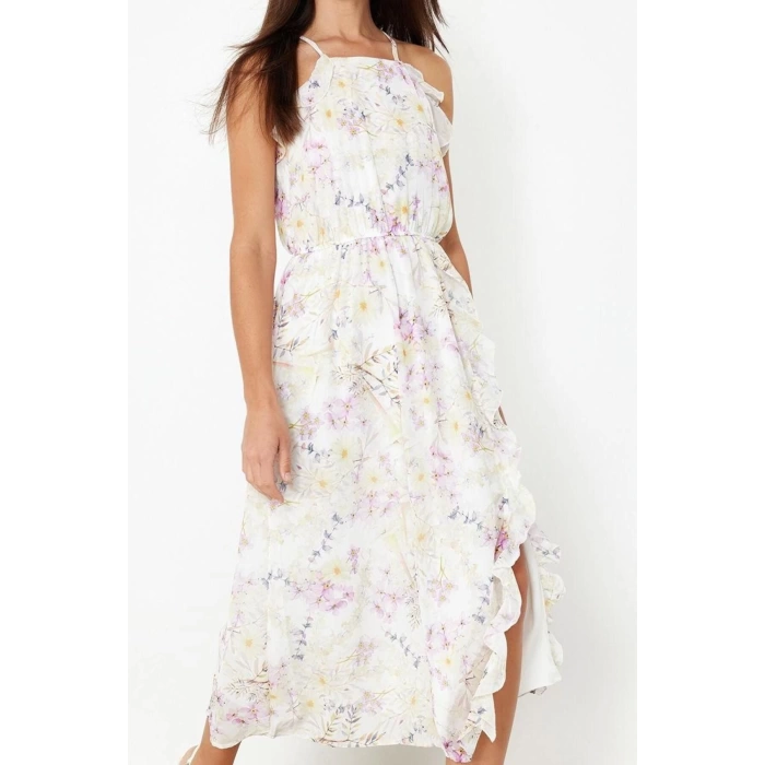 Moda Regular Halter Yaka Maxi Boy Çiçek Desenli A Kesim Fırfır Detaylı Şifon astarlı Dokuma Elbise