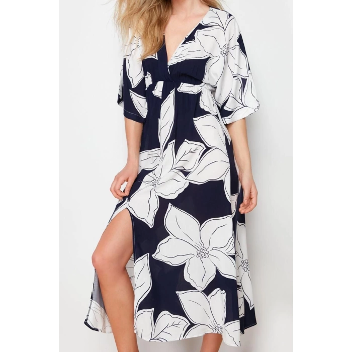 Moda Stil Regular Kruvaze Midi Boy Çiçek Desenli A Kesim Yaka Dokuma Elbise
