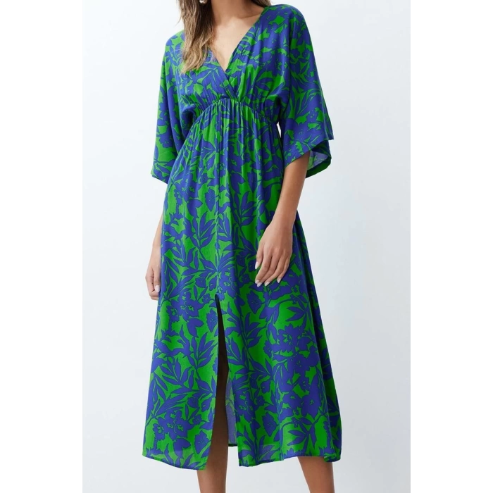 Moda Stil Regular Kruvaze Midi Boy Çiçek Desenli A Kesim Yaka Dokuma Elbise
