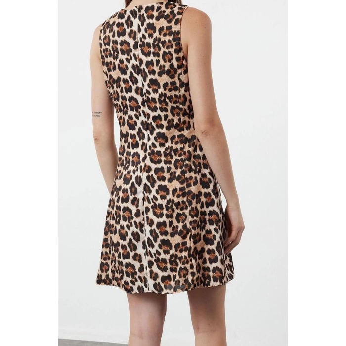 Moda Stil Regular Bisiklet Yaka Mini Boy Leopar Desenli Düz Kesim Saten Dokuma Elbise