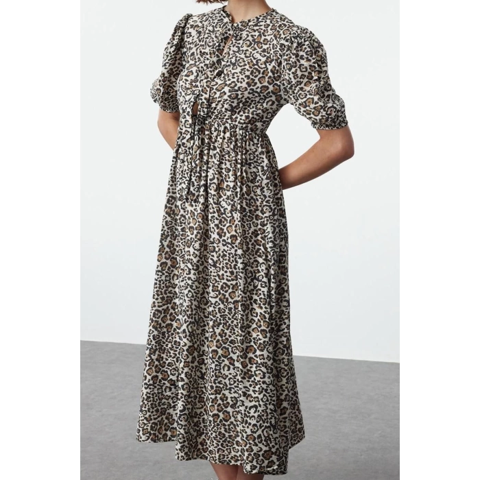 Moda Stil Relaxed Bisiklet Yaka Maxi Boy A-line Dokuma Elbise