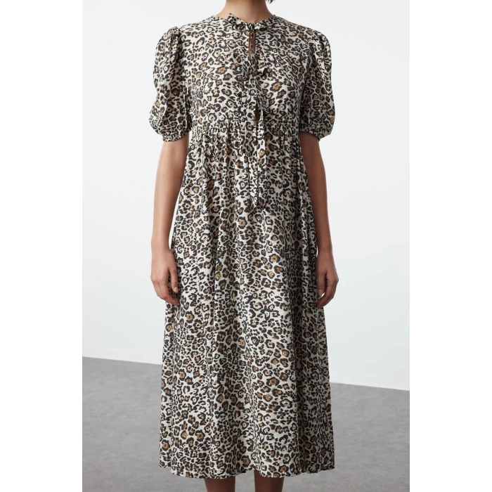 Moda Stil Relaxed Bisiklet Yaka Maxi Boy A-line Dokuma Elbise