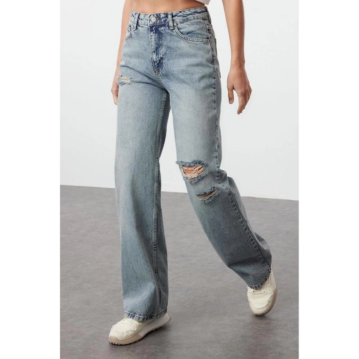 Stil Kadın Moda Denim Kot Pantolon Regular Geniş Paça Mavi Yırtıklı Yüksek Bel Jeans