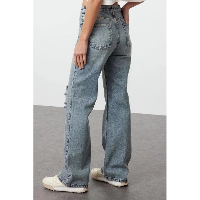 Stil Kadın Moda Denim Kot Pantolon Regular Geniş Paça Mavi Yırtıklı Yüksek Bel Jeans