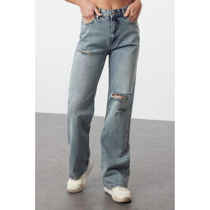 Stil Kadın Moda Denim Kot Pantolon Regular Geniş Paça Mavi Yırtıklı Yüksek Bel Jeans