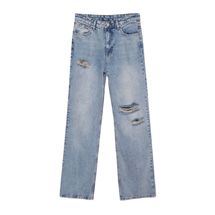 Stil Kadın Moda Denim Kot Pantolon Regular Geniş Paça Mavi Yırtıklı Yüksek Bel Jeans