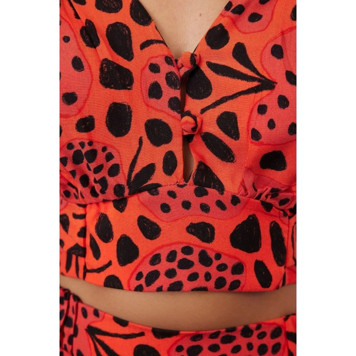Fashion Woven High Waist Printed V Neck Pleated Ruffle Sleeve Beach Woven Flounce Blouse Skirt Set