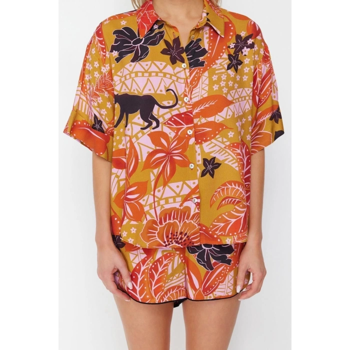 Fashion Woven Landscape Shirt Collar Beach Tropical Patterned Woven Shirt Shorts Set