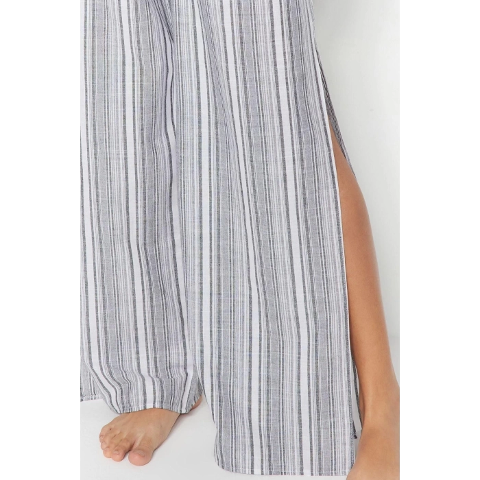 Fashion Striped Strapless Low Sleeve Beach Gray Striped Woven Ruffle Blouse Pants Set