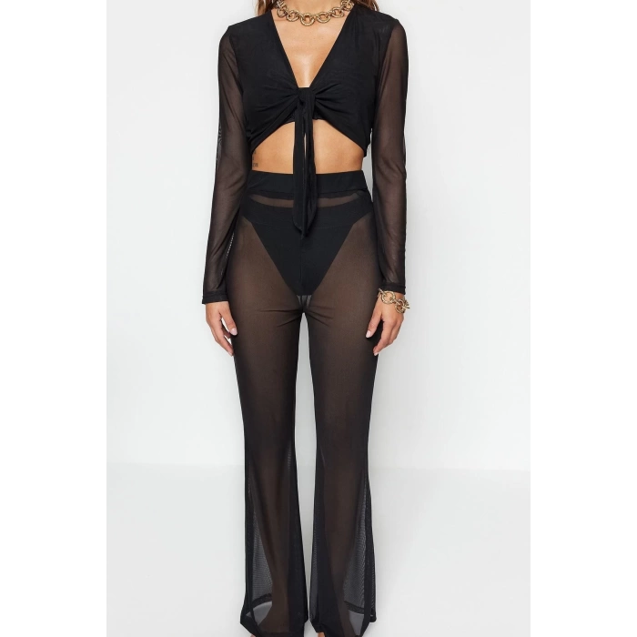 Fashion Woven Geometric V Neck Beach Black Knitted Tied Mesh Blouse Trousers Set