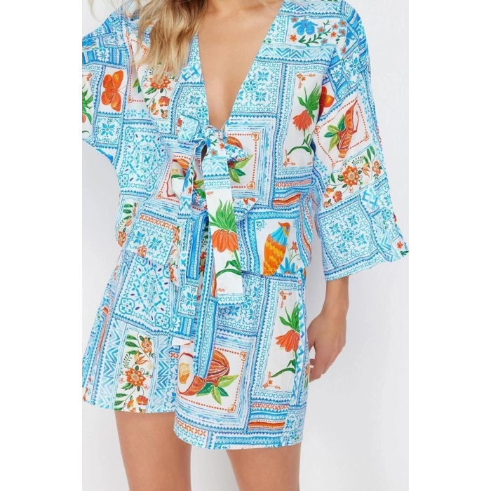 Fashion Landscape V Neck Low Sleeve Beach Light Tropical Patterned Woven 100% Cotton Shirt Shorts Set