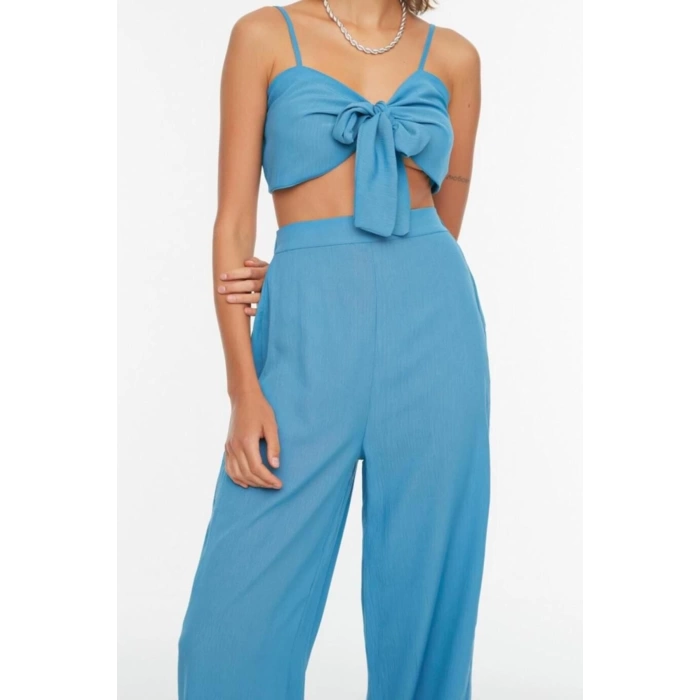 Fashion Woven Plain Heart Neck Beach Woven Tied Blouse Trouser Set
