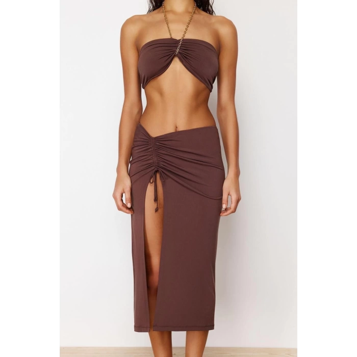 Fashion Woven Plain Strapless Beach Black Body-Fitting Knitted Chain Accessory Blouse Skirt Set