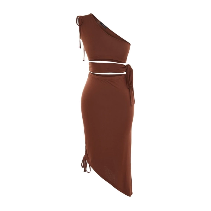Fashion Knitted Plain Asymmetrical Collar Single Sleeve Beach Knitted Cut Out Window One Shoulder Blouse Skirt Set