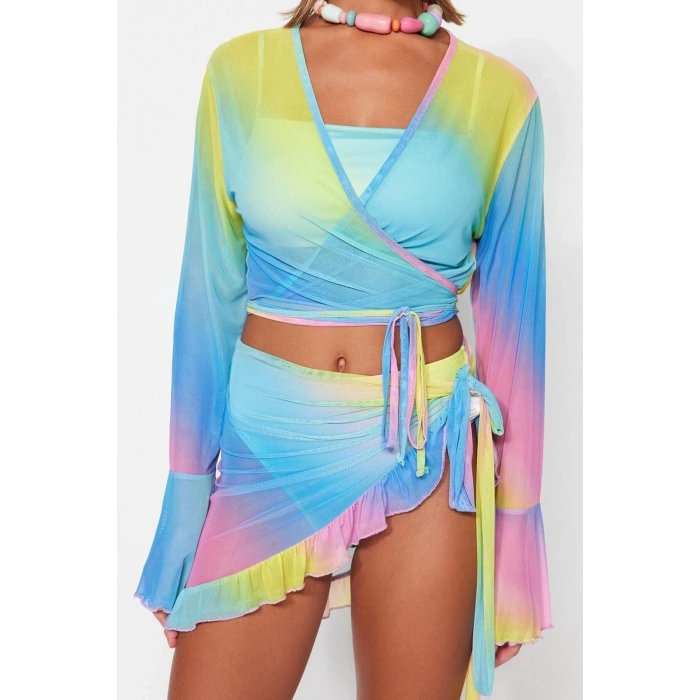 Fashion Woven Gradient V Neck Beach Gradient Patterned Body-Fitting Knitted Tied Mesh Blouse Skirt Set